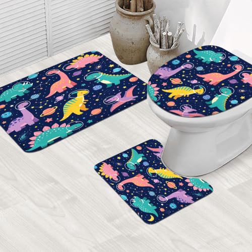 Image of 4PCS Kids Dinosaur 71Wx71H Inches Funny Cute Planet Colorful Outer Space Shower Curtain Sets with Rugs, Toilet Lid Cover and Bath Mat, Boys Bath Accessories Art Home Decor Fabric 12 Pack Hooks