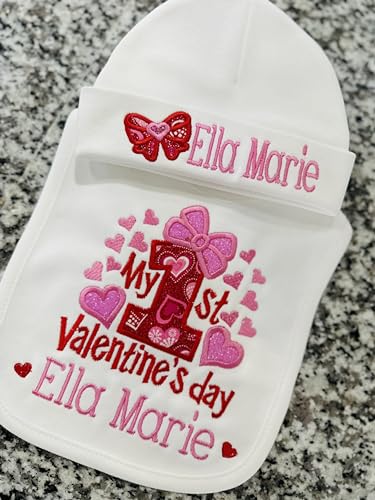 First Valentine's Day Baby Girl Bib with Matching Hat Personalized with Custom Name (Baby Gift Set)3