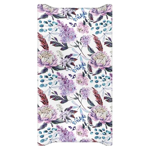 Image of HNHUAMING Changing Pad Cover, Ultra Soft Breathable Diaper Baby Changing Table Covers for Girls & Boys, 32 X 16 Inches Stretchy Fitted Changing Pad Sheets for Changing Pads Liners, Purple Floral