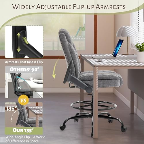 Image of Drafting Chair,Executive Tall Office Chair Flip-up Armrests for Counter Height Desk Drawing Use,High Task Chair with Adjustable Foot Ring &Inflatable Lumbar Support,Swivel Computer Stool, Fabric Grey