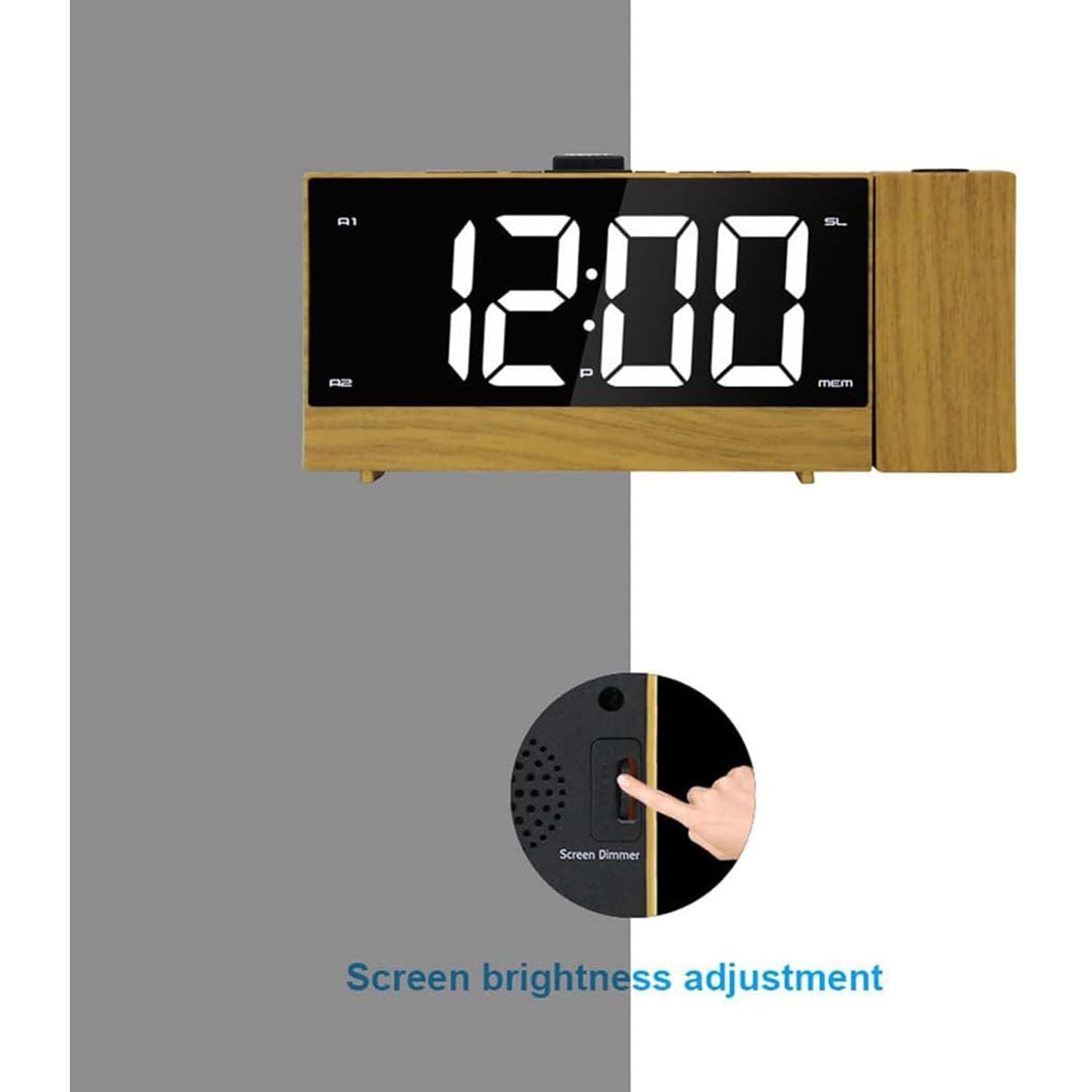 Budzik LED z projektorem obrotowym o 180°, wyświetlacz 1,8 cala, podwójny alarm, regulowana jasność, format 12/24 godzin, do domu i biura