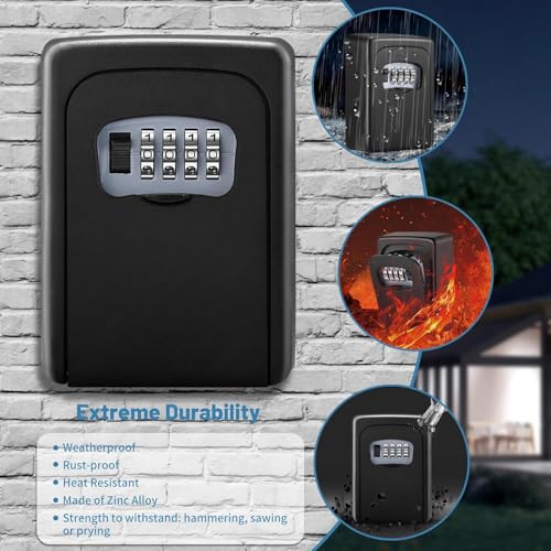 Image of Metal Key Lock Box Wall Mounted,4 Digit Combination Weatherproof Lockbox For Outside House,5 Keys Large Capacity Lockbox,Key Safe Security Storage Lock Box With Resettable Code (Black)