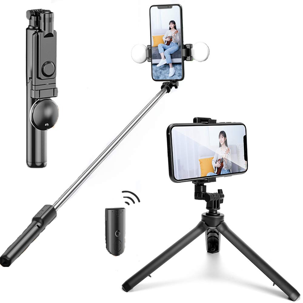 Selfie Stick Mini Double LED Ring Light w/Tripod Stand & Cell Phone Holder for Live Stream Makeup, YouTube Video Photography Shooting Vlog