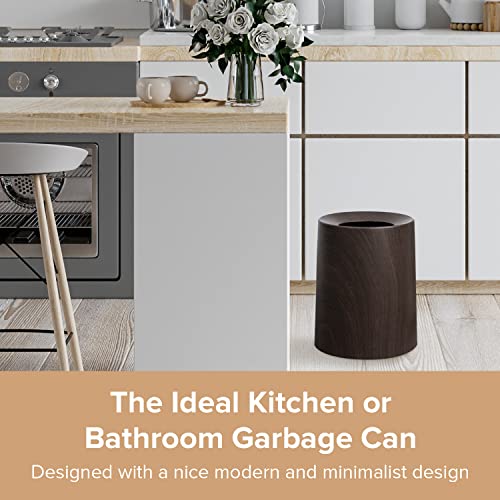 Image of Spill Proof Kids Pet Friendly Garbage Can - Dark Walnut Wood Color Trash Bin - Top Indoor Outdoor Office Bedroom Bathroom - 3.2Gal - Patio Bar Loft Den - Round Designer Waste Basket - 10inx10inx12in