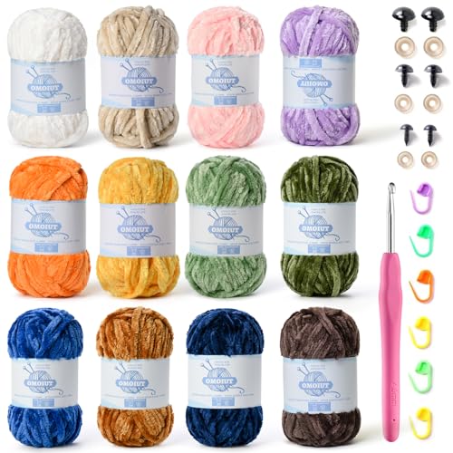 Image of 12 Pack 590 yds Chunky Chenille Yarn for Crocheting and Hand Knitting with Black Red White Green Orange Blue Plush Velvet Yarn，Baby Blanket Yarn for Crocheting Soft Amigurumi Yarn E