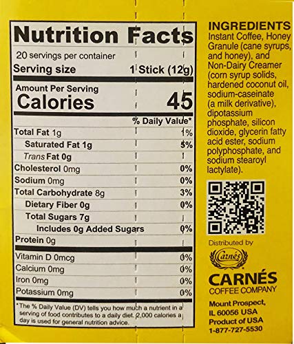 Carnes Sweet Honey Coffee Mix Sticks 1 Box, 20 Sticks (Mild Mocha)
