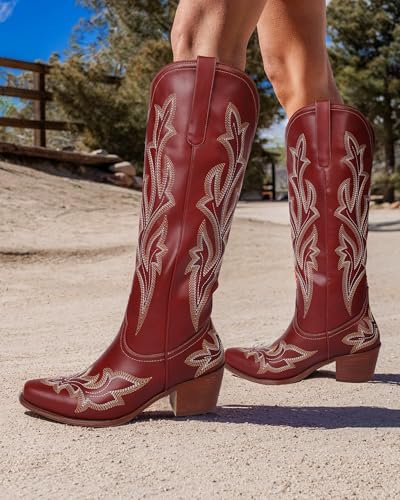 MUCCCUTE Cowboy Boots for Women Western Cowgirl Boots Knee High Pointed Toe Chunky Heels Embroidered Pull On Country Tall Boot3