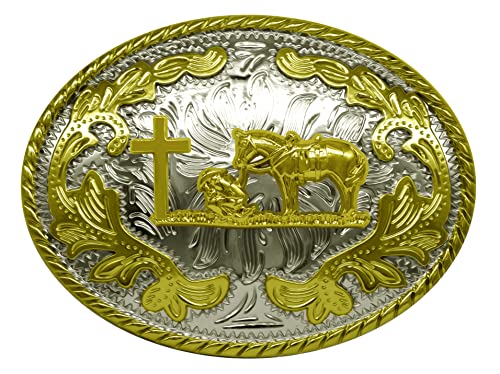 Image of Moranse Cross Cowboy Kneeling Prayer Horse Zinc Alloy Belt Buckles