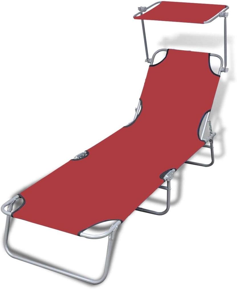 Folding Sun Lounger with Canopy Steel and Fabric Red Adjustable Outside Patio Sunlounger.Outdoor Garden Lounge Chair