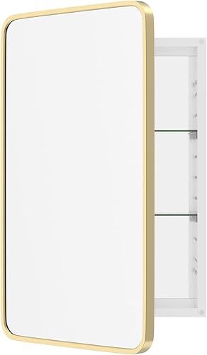 Miniatura 12 de WallBeyond Botiquín de baño con espejo, 16 x 24 pulgadas, gabinete de medicina empotrado dorado con esquina redonda de aleación de aluminio con