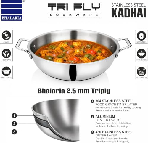 Image of Bhalaria Triply Stainless Steel Kadhai with Lid & Handle 28cm 4 Litre |Induction Base Heavy Gauge 3 Layer Body | Deep Fry Pan Wok for Sabzi, Curry & Frying| Food Grade |Gas Compatible |Dishwasher Safe