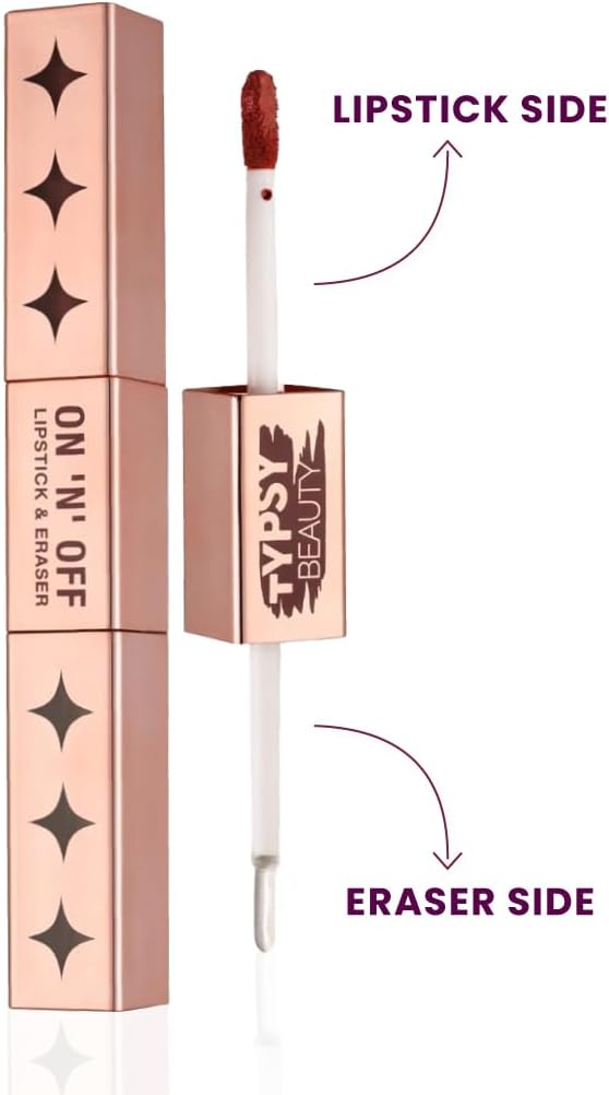 Typsy Beauty ON 'n' OFF Lipstick & Eraser | 12 Hr Stay Creamy Matte Formula (Deep Rose) | Smudge & Transfer Proof | Nourishing Remover Oil & Leave-On Mask | Vegan | 8 shades | 2.5 ml x 2.5 ml