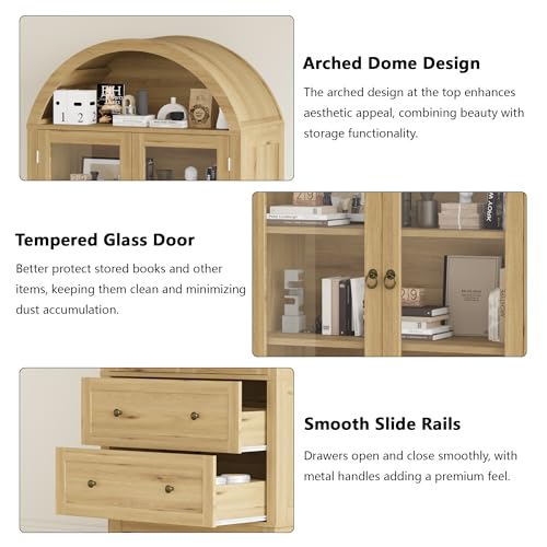 Image of 71 inch Tall Arched Bookshelf, 6-Tier Bookcase with Glass Doors & Adjustable Shelves, Wood Display Book Shelf with Drawers for Living Room, Dining Room, Natrual