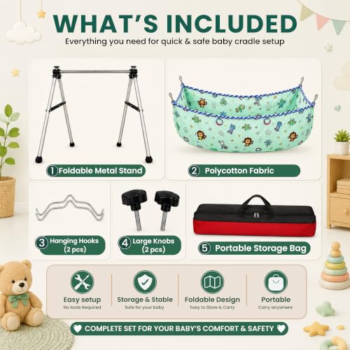 Image of Baby Cradle for New Born with Stand | Semi Foldable Jhula Palna Ghodiyu for 0-3 Years | Portable Baby Swing Cradle with Mosquito Net & Storage Bag for Home & Travel Use