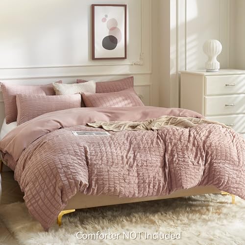 Image of JELLYMONI Seersucker Duvet Cover Set Full, 3pcs Smokey Pink Polyester | In Guest Room & Studio, Single Upgrades Pick, Crinkled Texture, Oeko-Tex Certified, 8 Corner Ties & Hidden Zipper