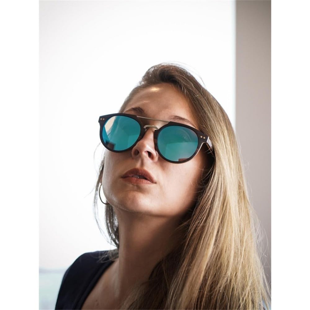 Runde Vintage-Sonnenbrille aus Holz für Männer und Frauen, polarisierte blaue verspiegelte Gläser, UV400, klassische Sonnenbrille