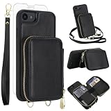 Phone Case for iPhone 6/6s/7/8/SE 2020 2022 Wallet Cell Cover with Screen Protector Crossbody Strap RFID Blocking Card Holder i Six Seven 6a i6 i7 i8 7s 8s SE2020 SE2 2 SE2022 SE3 3 Women Girls Black