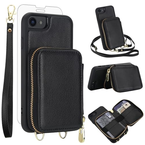 Phone Case for iPhone 6/6s/7/8/SE 2020 2022 Wallet Cell Cover with Screen Protector Crossbody Strap RFID Blocking Card Holder i Six Seven 6a i6 i7 i8 7s 8s SE2020 SE2 2 SE2022 SE3 3 Women Girls Black