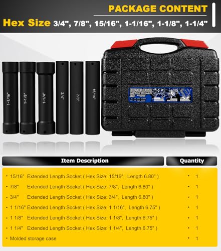 Image of 1 /2 Inch Drive Extended Length Impact Socket Set - 6 Piece Extra Deep Impact Socket Set - Hex Size 3 /4 inch, 7 /8 inch, 15 /16 inch, 1-1 /16 inch, 1-1 /8 inch, 1-1 /4 inch Heavy Duty With Storage Case For High Torque Use