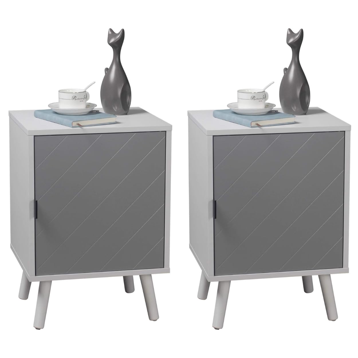 URBNLIVING Hanover Lined Wooden Bedside Table (White/Grey, Set of 2)