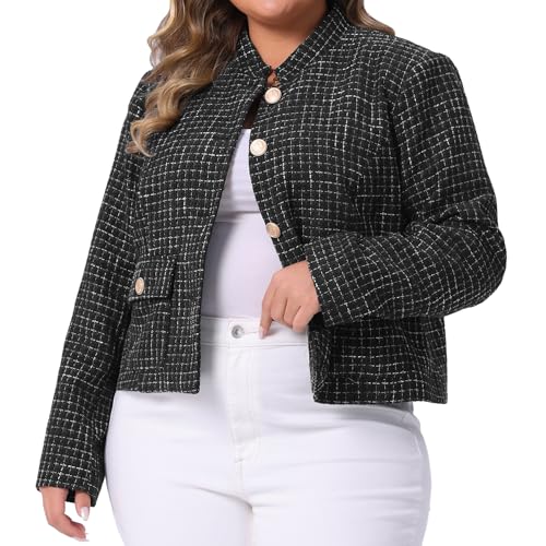 Agnes Orinda Plus Size Tweed Jackets for Women Elegant Stand Collar Button Down Cropped Blazer Jacket Business Casual Outfits2