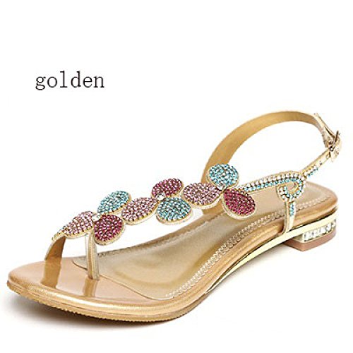 SBL Sandalias de Diamantes de Imitación Femenina de Verano Plana con Sandalias de Cuero y Zapatillas Planas de Punta Plana Chanclas Bajas con Flores de Mujer Zapatos,Oro,38