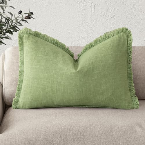 Image of Foindtower Decorative Linen Fringe Lumbar Throw Pillow Covers Cozy Boho Farmhouse Cushion Cover with Tassel Soft Accent Pillowcase for Sofa Bed Living Room Home Decor, 12x20 Inch,1PC,Lime Green