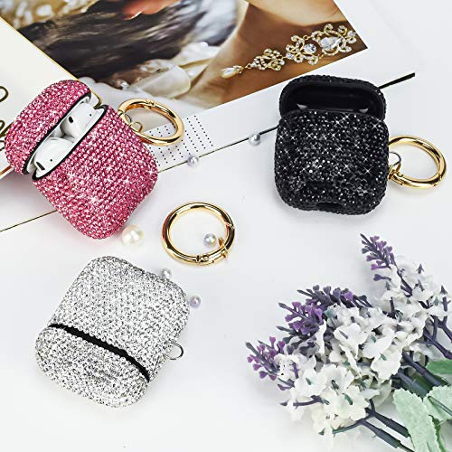 Newseego Compatible With Airpods 1 & 2 Case, Gold Keychain+Anti-Lost Strap+Ear Hooks+Watch Band Holder, Protective Bling Crystal Glitter Shining Diamond Rhinestone Gift Scratch Dropproof-White #TOP2