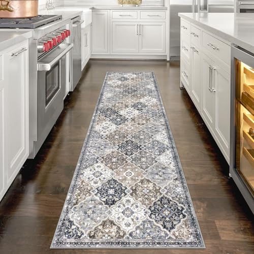 KILOCOCO 2x8 Runner Rug, Moroccan Super Soft Washable Hallway Runner Rug, Accent Print Faux Wool Kitchen Runner Rug 8 Feet Non-Slip Boho Rug Runner for Laundry Room Bedroom, Greenish Gray Beige