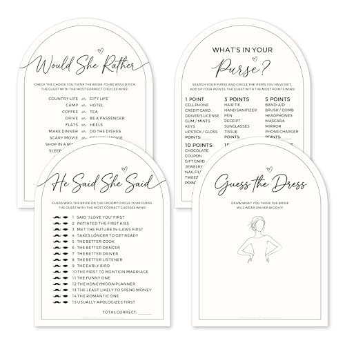 Diakos Bridal Shower Games for 50 Guests - Fun 4-in-1 Minimalist Arch Set - Would She Rather He Said She Said Whats in Your Purse Guess the Dress - Wedding & Bachelorette Party Supplies