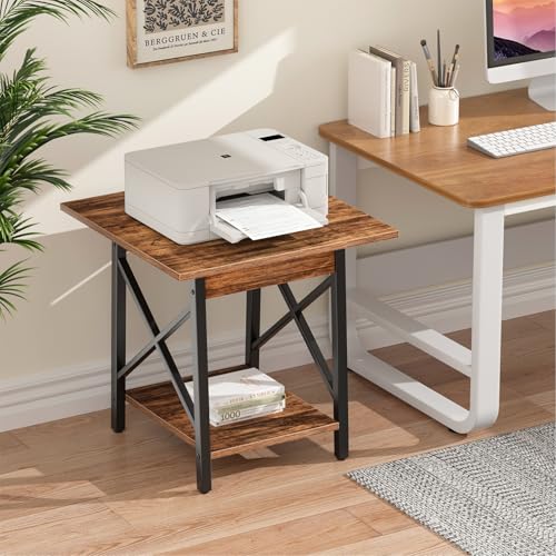 GreenForest End Table 24 inch for Living Room, Large Square Side Tables with X-Frame, Tall Industrial Bedside Nightstand with 2-Tier Storage, Rustic Walnut