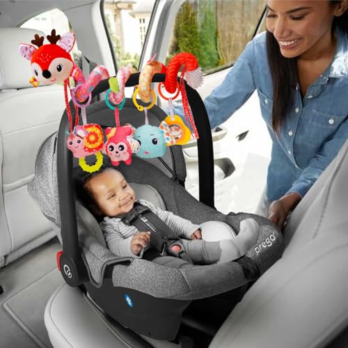 Image of Infant Stroller Toys, Sensory Car Seat Toys for Babies 0-6 Months Red Deer | Infants Activity Spiral Hanging Crib Toy Gift for Baby Boys and Girls 0 3 6 12 Months Newborn Toy with Rattles Squeaker Music