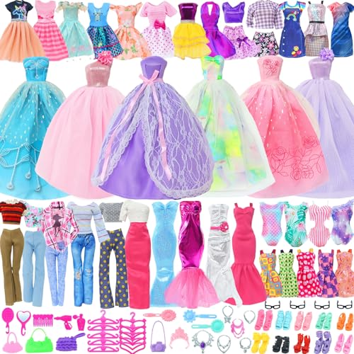 62Pcs Doll Clothes & Accessories - 3 Princess Wedding Gowns, 2 Evening and 5 Fashion Casual Dresses, 2 Tops Pants Outfits, 5 Slip Dresses, 2 Swimsuits, 10 Shoes & 10 Hangers for 11.5 Inch Girl Doll