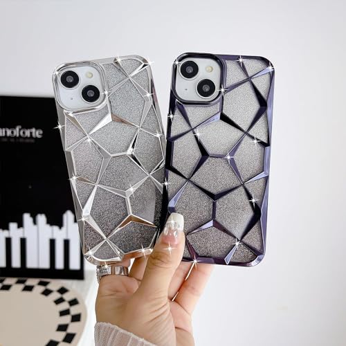 Image of VONZEE Gradient Glitter Case for iPhone 14 6.1'', Luxury Electroplated 3D Cube, Diamond Bling Shiny Soft TPU Clear Shockproof Women Girls Protective Phone Cover (Silver)