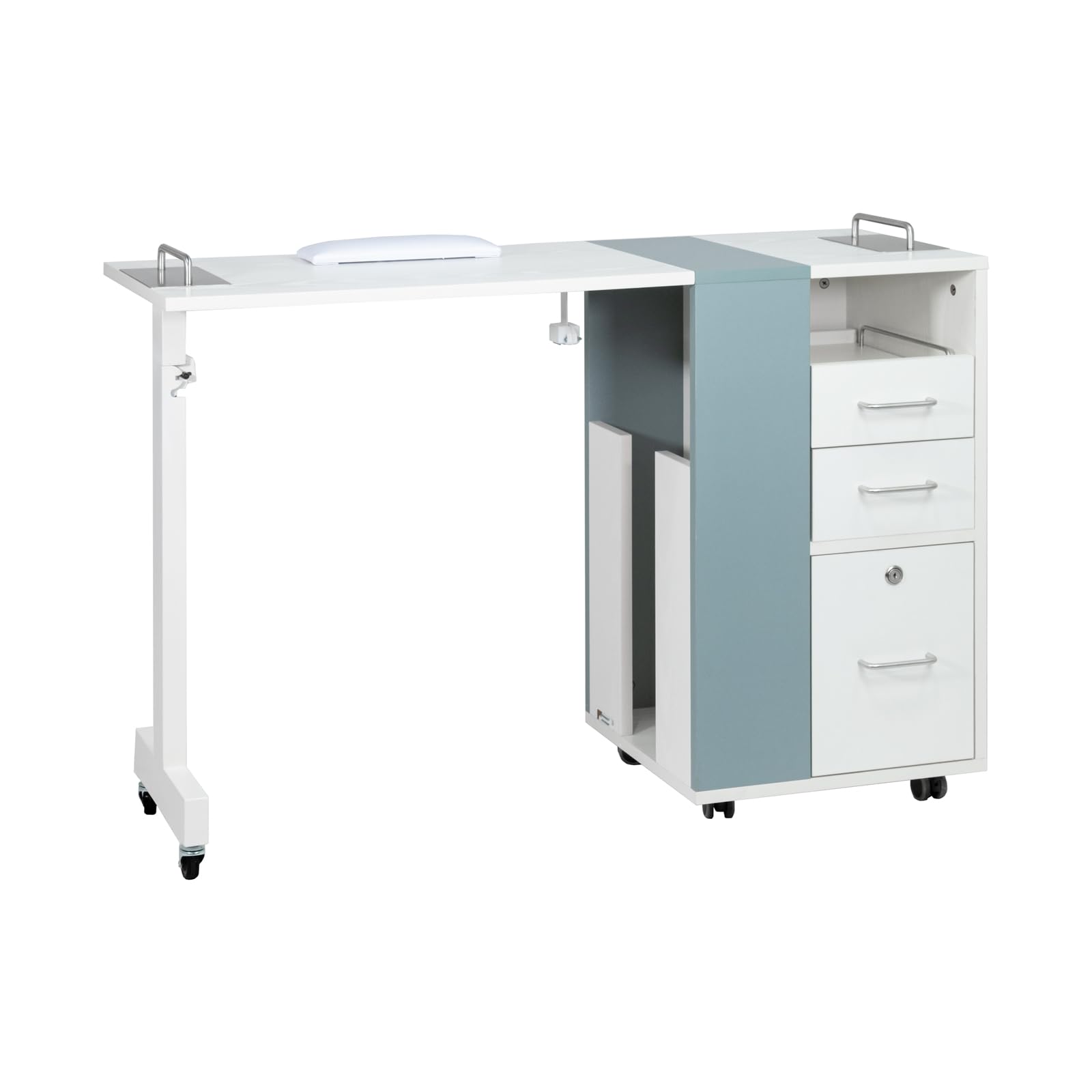 Berkeley Taylor Manicure Table Nail Desk, Versatile Foldable Station, Adjustable Length with Storage Cabinet for Salon Home Studio, White/Grey