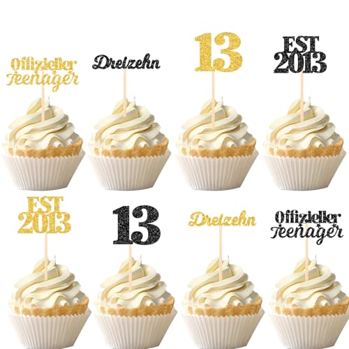 Gleevio Dreizehn Tortendeko 13. Geburtstag Junge Mädchen Teenager, 24 Stück Offiziell Teenager Muffin Deko, Glitzer Cupcake Topper 13 Geburtstag Geschenke, EST 2013 Kuchen Deko 13 Jahre, Schwarz Gold