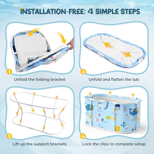 Faltbare Badewanne für Dusche, 92L x57W x 56H cm, freistehende Badewanne mit Sitz, Warmwasserdusche, Eisbad, Sauna, Massagewanne, tragbares Eisbad für Erwachsene (hellblau Ozean-Stil)