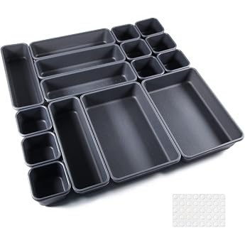 Drawer Inserts 16 Pieces Separation System Spice Organiser Drawer Black Separator Bathroom Organiser Boxes Set with 40 Silicone Non-Slip Ball Hemnes Chest of Drawers Kitchen Desk Utensils