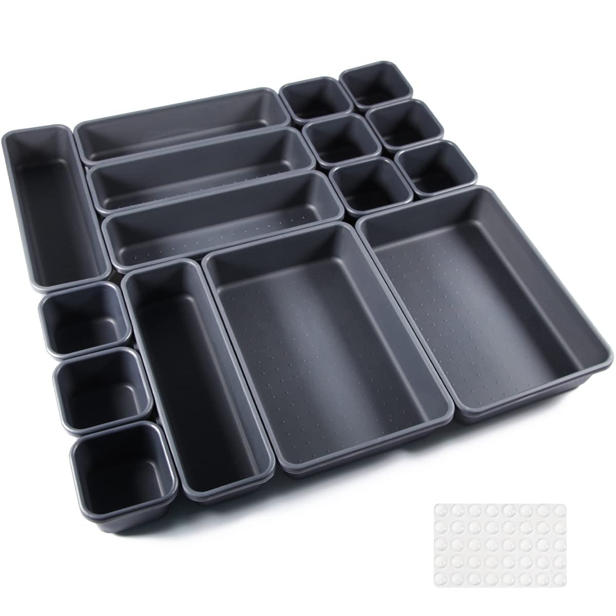 16 Pcs Organisateur Rangement Tiroir Cuisine Organiseur de Rangement Bureau Tiroir Plastique Salle avec 40 Pcs Boule Bntidérapante en Siliconedede Bain Plateaux pour Maquillage, Cuisine(Noir)