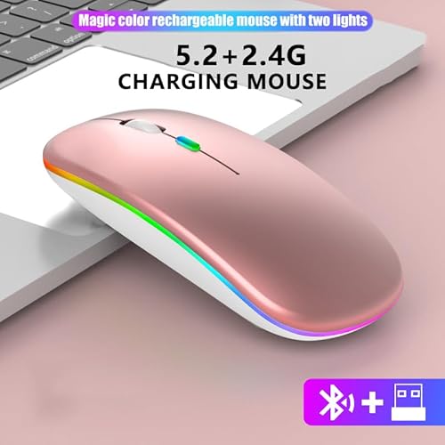 Wowssyo Maus Kabellos, 2,4 GHz-USB funkmaus, Bluetooth Maus, 1600 DPI Optical Tracking, Wiederaufladbare LED-Dual-Modus Mouse für Laptop, PC, iOS, Android, iPad, Windows - Rosa