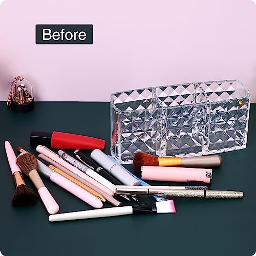 Image of MOSIKER Makeup Brush Holder for Vanity,Acrylic Clear Small Compact Nail Hair Lip Liner Brush Pen Organizer with 3 Slots