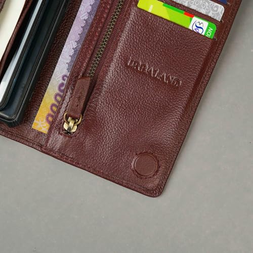 Sazzad Long Wallet for Men – Genuine Leather – 7 Card Slots, ID Window, Chain Pocket, 2 Mobile & 2 Cash Pockets – Travel Organizer with Magnetic Lock – 7.5 x 4 Inch (Red Wine)3