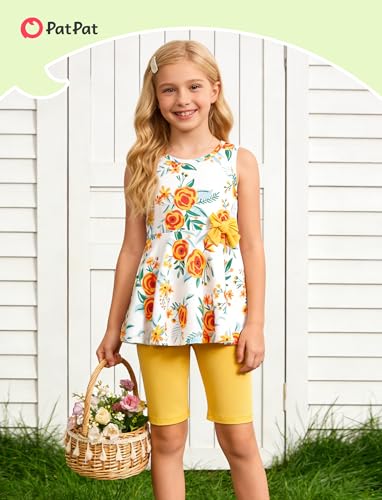 Image of PATPAT Girls Summer 2 Piece Outfits 4-12Y Butterfly Bow Sleeveless Tunic Tops and Floral Print Shorts Cute Clothes