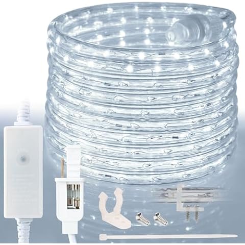 West Ivory 190LEDs, 25ft Cool White Outside LED Rope Light, 8 Modes, Connectable Outdoor Permanent Waterproof Accent Exterior Lighting, PVC Case, Holiday, Backyard Patio, Home Garden, Decorative Cover