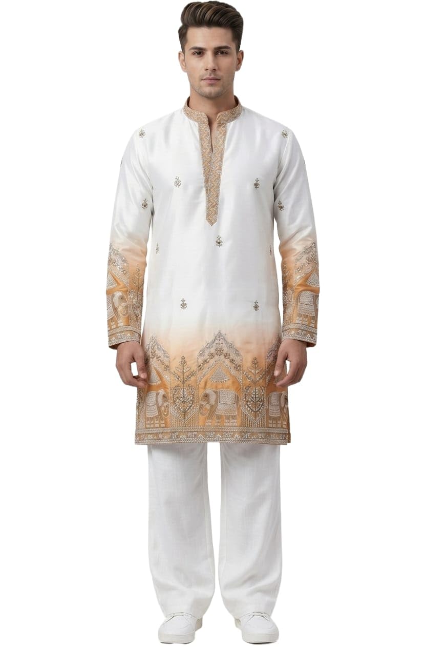 Men's White & Orange Embroidered Kurta Pant Set with Elephant Motif-image-29