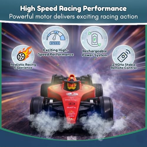 Image of Toy Imagine 2.4GHz Remote Control RC F1 Racing Car for Kids 1:14 Scale, High-Speed Rechargeable RC Toy with LED Lights, Realistic Smoke Effect, Sound, Indoor /Outdoor Play Toy for Boys & Girls 6+(Red)