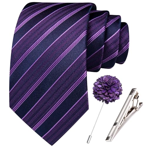 Image of Hi-Tie 63 inches Striped Paisley Extra Long Ties for Men Silk Necktie with Lapel Pin Tie Clip Big and Tall Men Formal Wedding