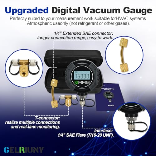 Image of Upgrade Digital Vacuum Gauge, HVAC Micron Gauge Tester, 0-75000 Microns | HVAC Vacuum Pressure Gauge, 7 /16-20 UNF, User-Set Audible Alarm Value, 1 /4 inch SAE Extension Connector and T-Type Connector