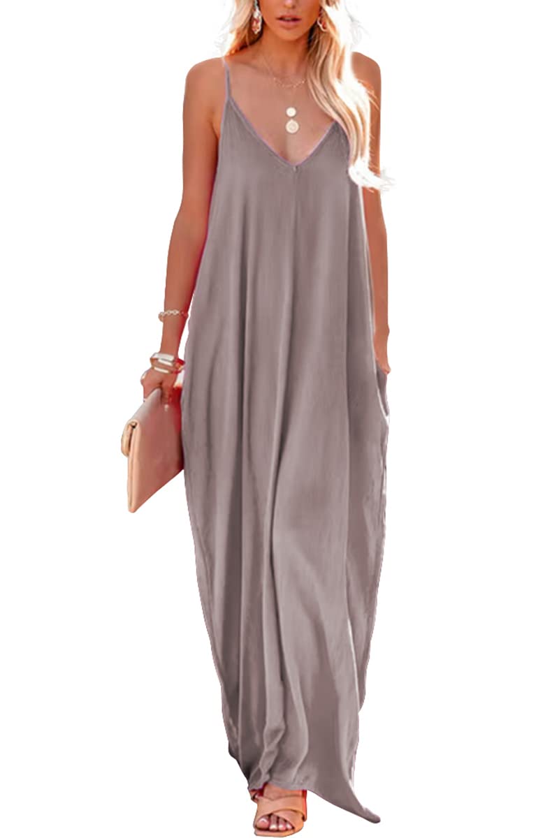 Poetsky Womens Casual Strappy V Neck Sleeveless Flowy Pockets Loose Long Maxi Beach Dress Sundress, Khaki, XXL