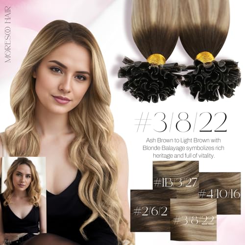 Image of Moresoo U Tip Hair Extensions, Ash Brown Dirty Blonde Ombre, 18 Inch | 50g 50 strands, keratin bonded tips for stylist application, buildable length and volume for parties and events